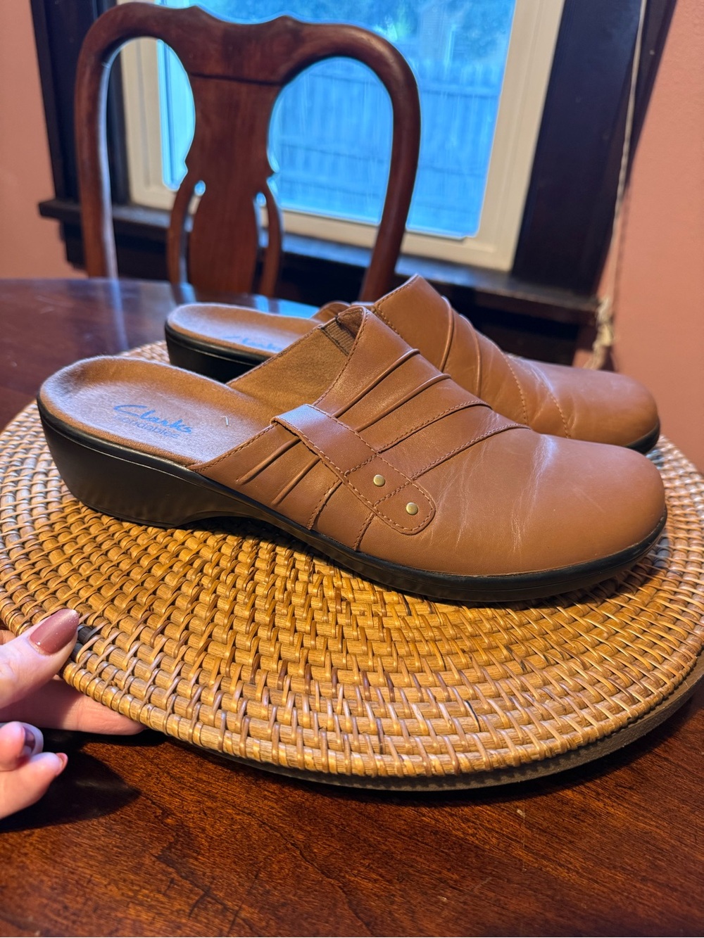 Clarks Brown Leather Slip-On Mules with Low Wedge